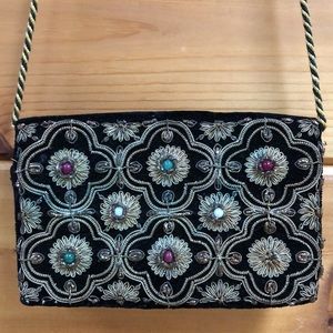Vintage Zardozi Black Velvet Evening Purse Metal Thread Goldwork Embroidery